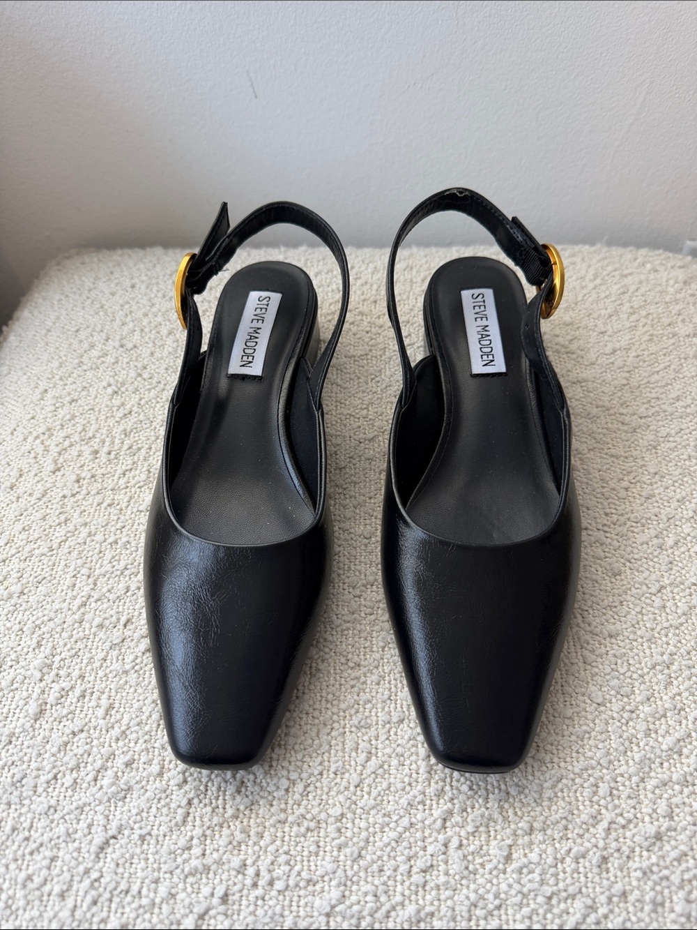 Steve Madden Black Leather Slingback Mules with Gold Buckle